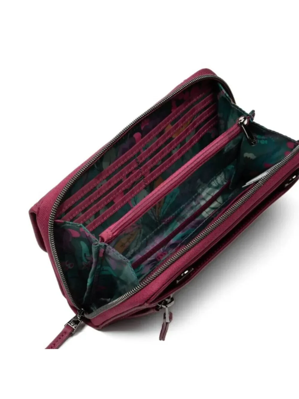 NWT- LUG- SATIN LUXE KICKFLIP SE CROSSBODY WALLET ( Hearts interior)- Raspberry